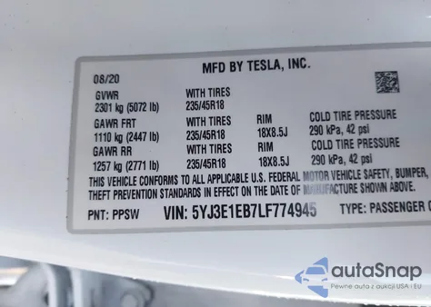 2020 Tesla Model 3 Long Range Dual Motor All-Wheel Drive from USA, damaged, VIN 5YJ3E1EB7LF774945